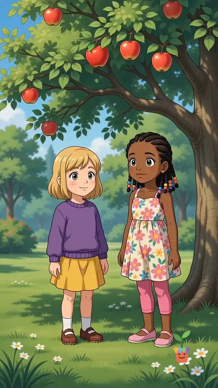Chloe and Mia, under the apple tree